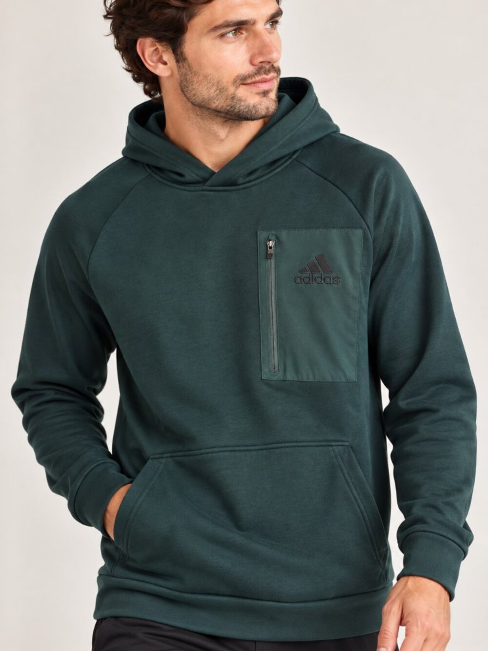 Adidas Men’s Dark Green Fleece Pullover Hoodie Zip Chest Pocket JG8148 Size M